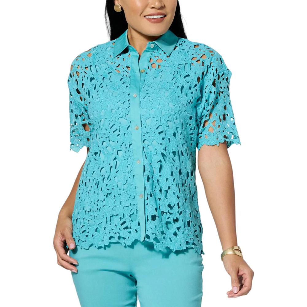 WynneCollection Women's Abstract Floral Lace Top Aqua - Regular